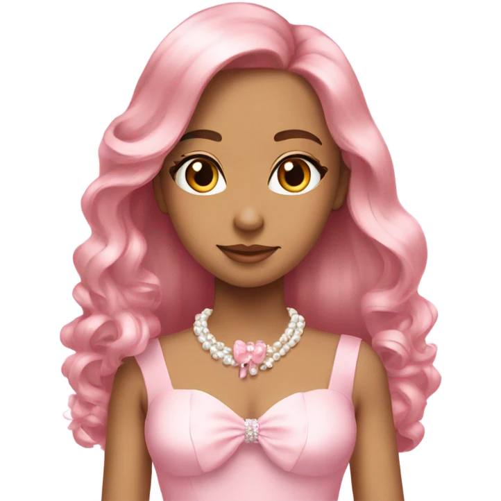 pretty. Long hair. Pink bow ribbon. Pearls. Light pink. Diamonds, dress. emoji