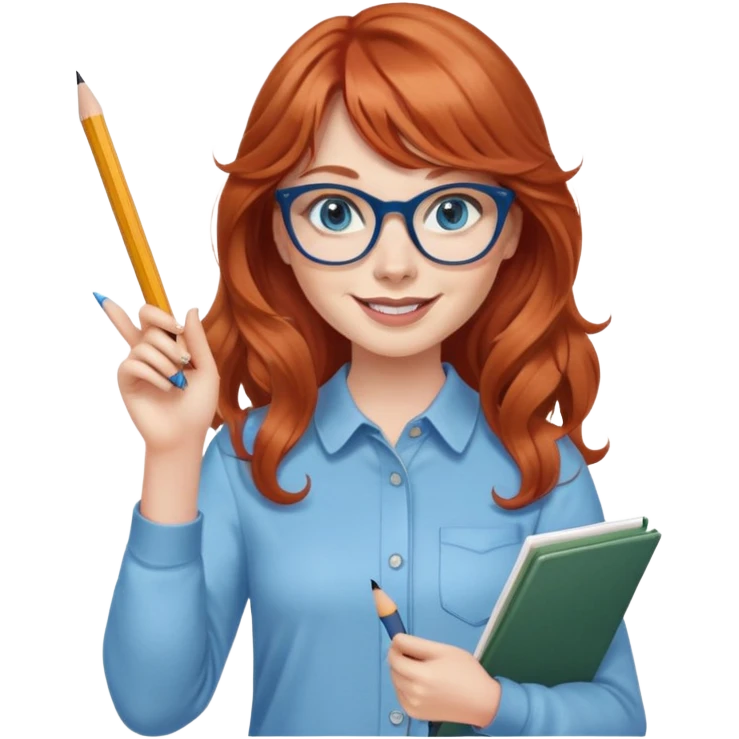 redheaded woman with very long wavy hair and bangs, blue eyes, clear cat-eye glasses, casual chic outfit, holding a pencil, smiling, waving emoji