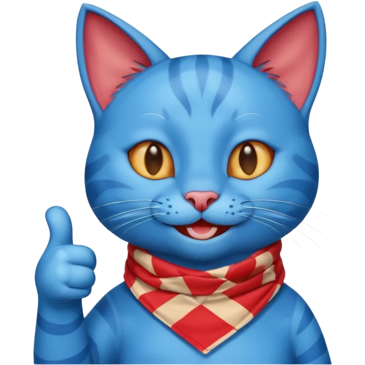 A Blue Cat smiling and giving thumbs up, wearing red Checkered Triangle scarf emoji