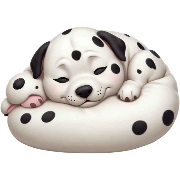Cinematic Meme-Worthy Chubby Sleeping Dalmatian Portrait Emoji, Head resting peacefully with a contented smile, showcasing a delightfully chubby build and a luxuriously soft white coat with bold black spots, eyes shut in a serene nap, Simplified yet hilariously adorable features, highly detailed, glowing with a soft, drowsy light, high shine, relaxed and utterly lovable, stylized with an air of playful laziness, bright and heartwarming, soft glowing outline, capturing the essence of a comically sleepy Dalmatian, so meme-worthy it feels like it could instantly become the next viral sensation of adorable slumber! emoji