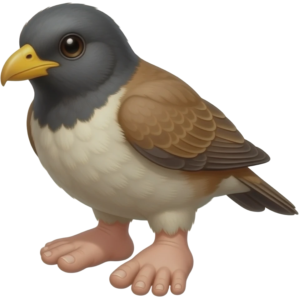 surrealistic - a plucked, wild bastard bird, with grown fat human feet , shown at a 45-degree angle emoji