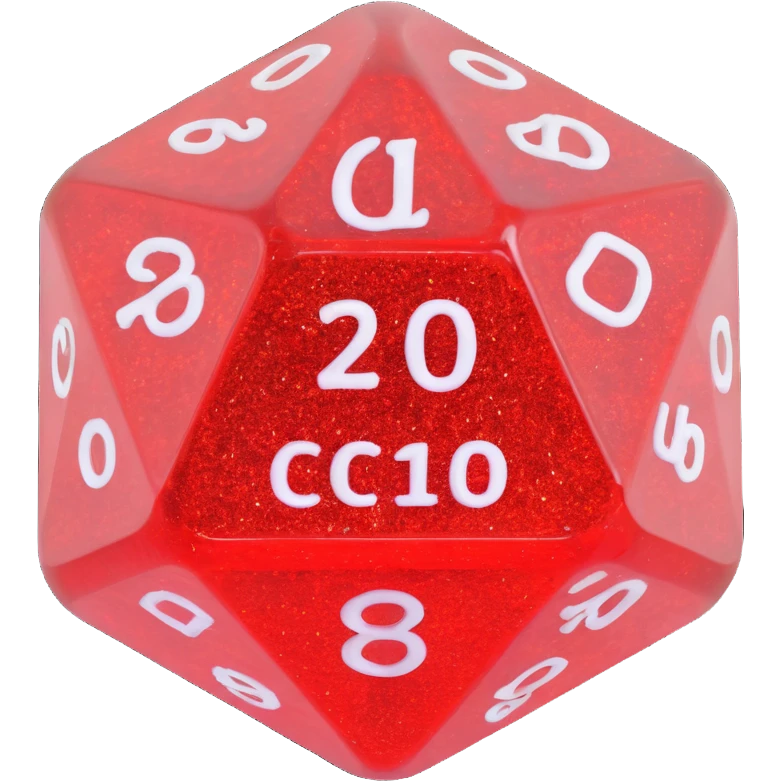 translucent d20 die with glitter emoji