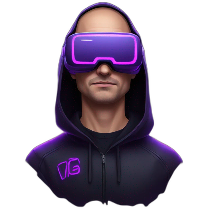 Russian man in the black hoody with violet letters "OMG VR" on it wearing vr headset. Cyberpunk style. Violet neon. emoji