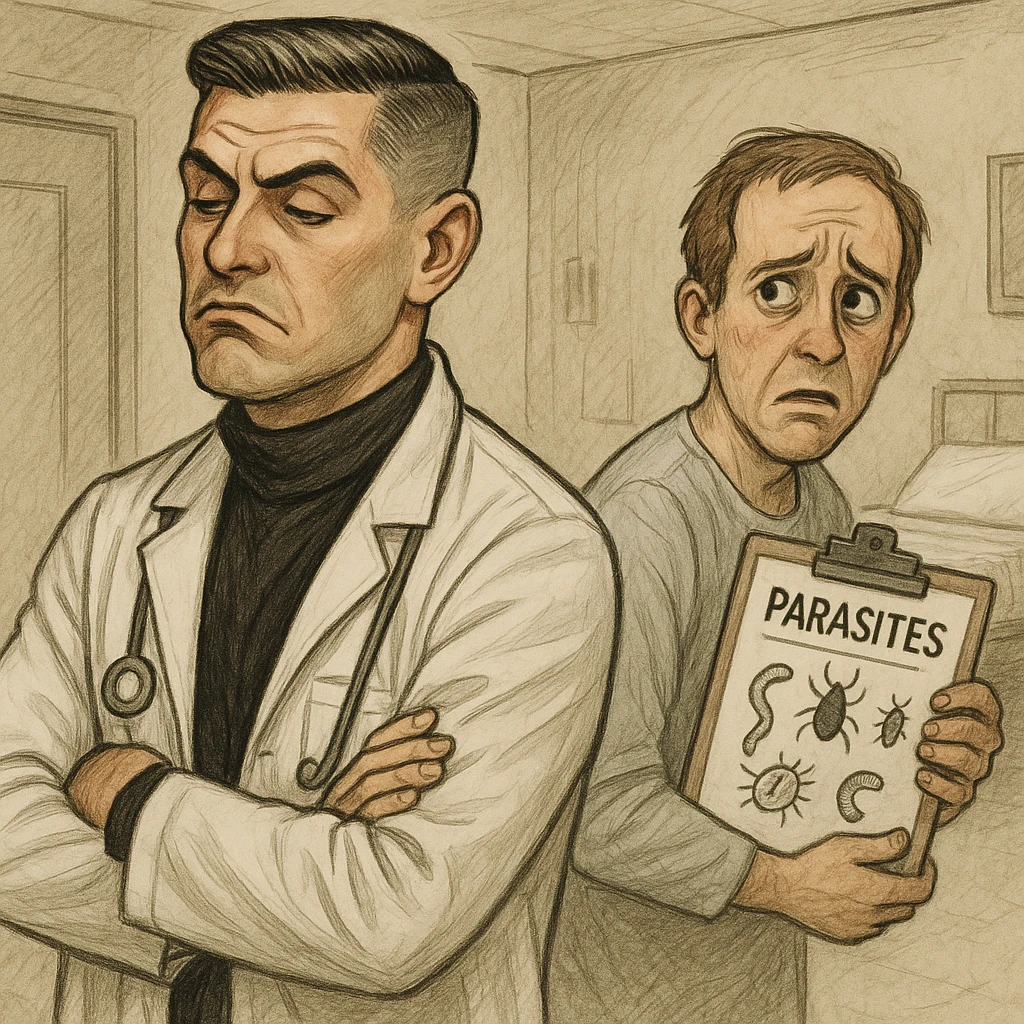 Create a semi-realistic or expressive style image of a male doctor inspired by the reference image, wearing a white coat. The doctor is turning away from a patient holding a chart with parasites, showing an indifferent or dismissive face. The patient looks concerned. The setting is clinical. The mood is ironic and critical. emoji