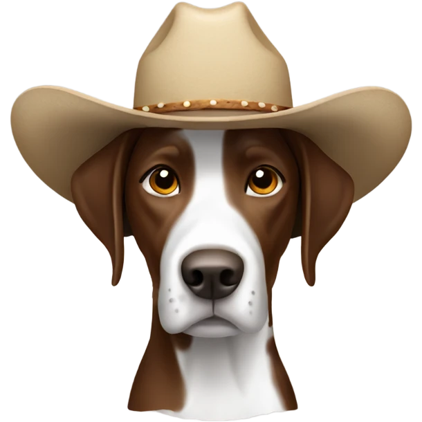 A brown and white pointer wearing a cowboy hat emoji