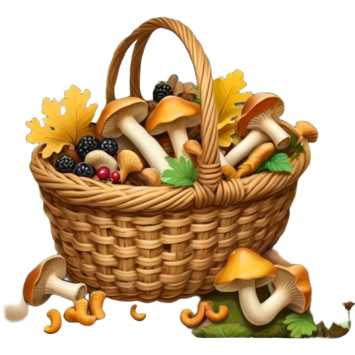 Icon for Mushroom and Berry Tourism: a basket filled with mushrooms chanterelles, boletus and aspen and berries, surrounded by forest elements like trees, leaves and a hiking boots. The icon should capture the joy of foraging in nature. Transparent background. emoji