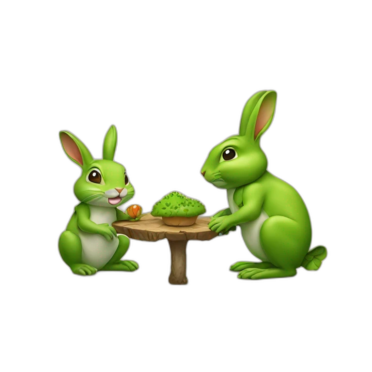 Lapin et une grenouille qui se font un câlin et la grenouille a un champignon sur la 5 emoji