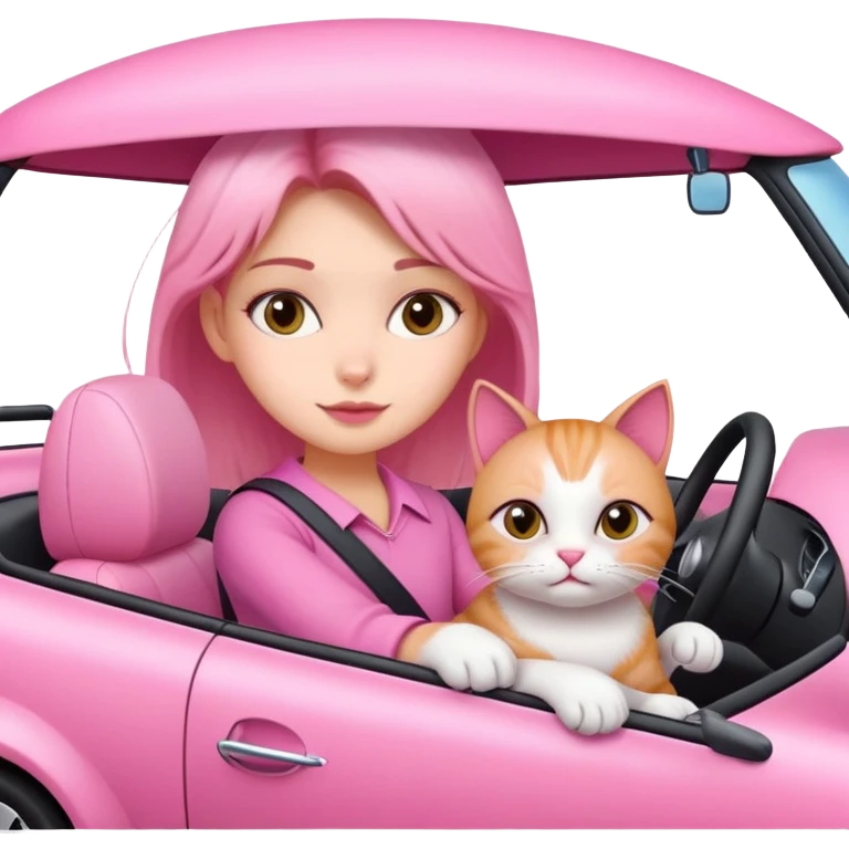 Girl driving a pink car with her cat emoji