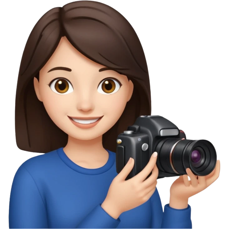 A brunette girl smiling, she’s a proud and successful filmmaker 🍿🌍✨ Holding a camera or behind / next to a camera, / holding awards  emoji