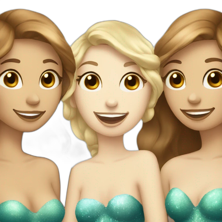 Three beautiful mermaids (two brown hair with brown eyes and blond one with blue eyes) drinking prosecco emoji