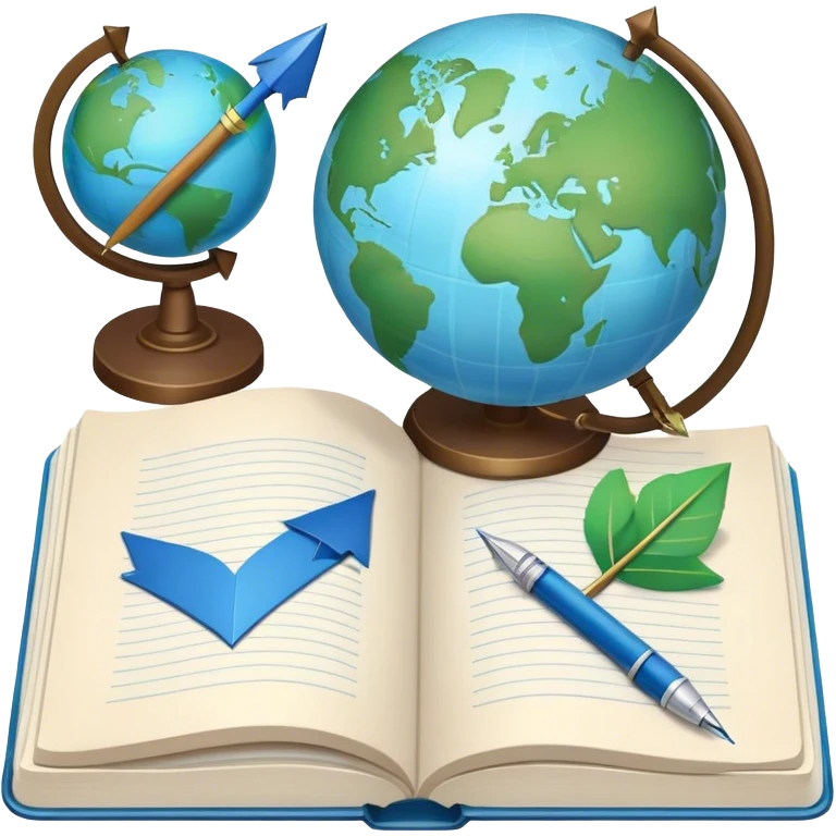 Create an emoji representing language translation. The design should feature a globe in the background, symbolizing international communication. In front of the globe, place two books or sheets of paper with texs on them and a pen nearby to indicate the act of writing. Add two arrows pointing in opposite directions between the sheets to represent the translation process. Use a clean and professional color palette with blues, greens, and neutral tones. Make the background transparent. emoji
