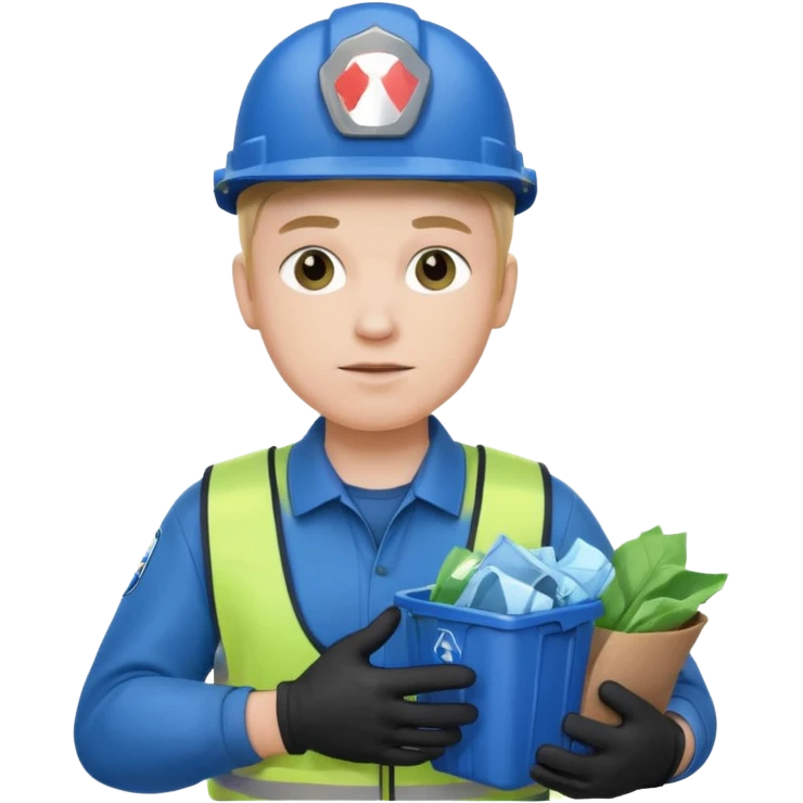 blue garbage man with blue helmet holding garbage  emoji