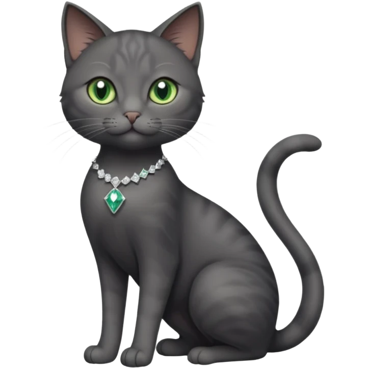 full body view of beautiful female dark grey cat with green eyes, white toes and white diamond on chest emoji