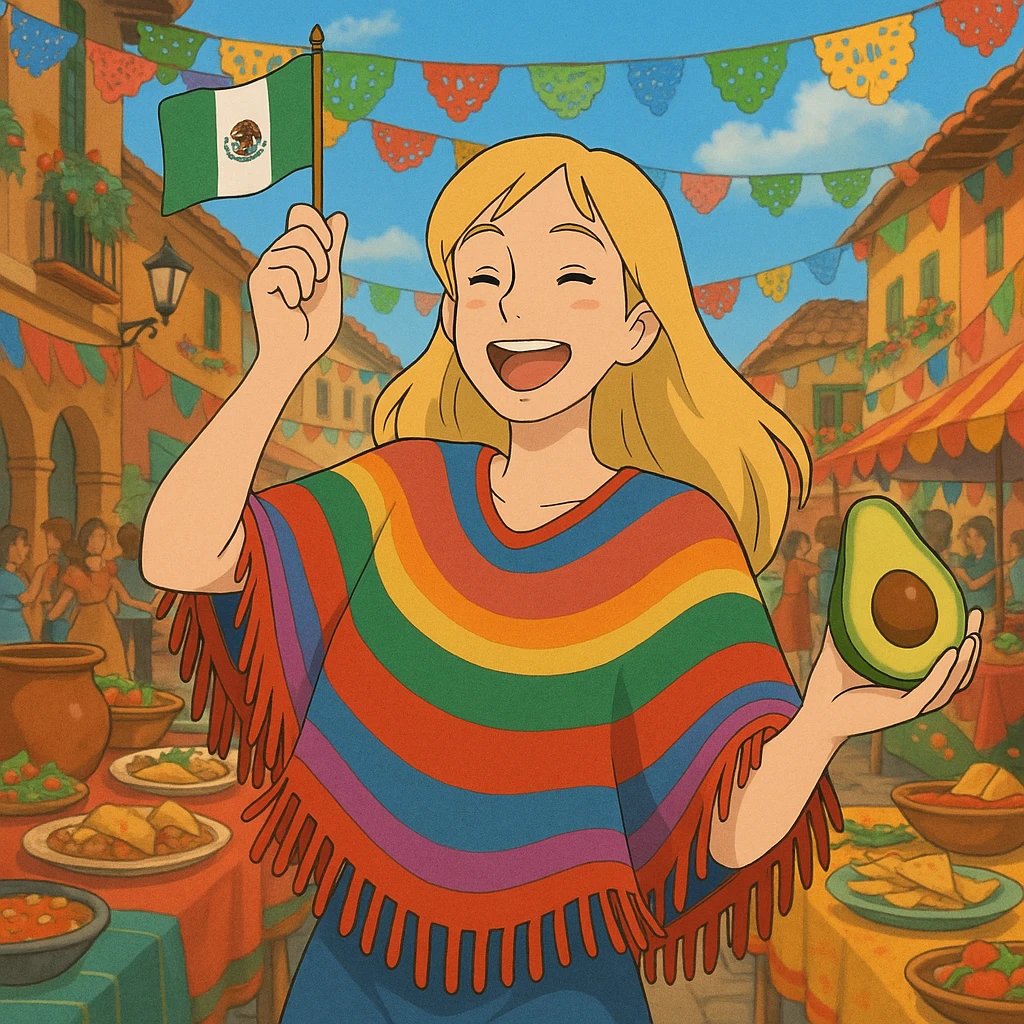cartoon of a tall blonde woman in a colorful poncho, smiling, holding a taco and avocado, waving a Mexico flag, dancing in a festive street party background with food and decorations emoji