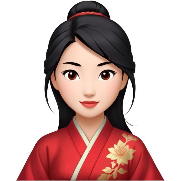Cinematic Realistic Radiant Mulan Portrait, presenting Mulan with a warm, confident smile and lifelike light-toned skin that appears almost luminous under natural daylight. Her sleek black hair is rendered in meticulous detail, and her traditional robe—accented with understated red highlights—is depicted with realistic fabric textures and folds. The overall image exudes a gentle, inviting glow, high shine, and refined detail that captures her poised elegance and inner resilience in a painterly, authentic style. emoji