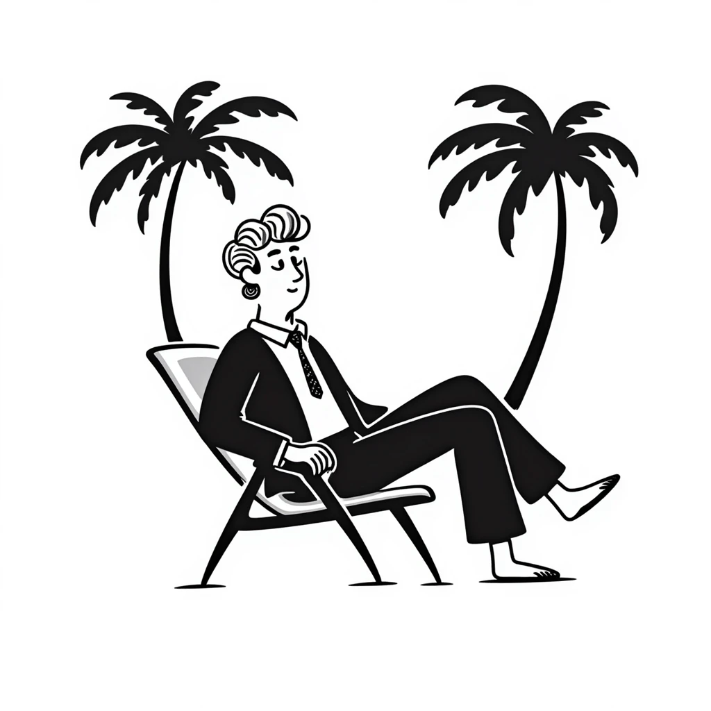 hand-drawn blonde man in business suit sitting on beach chair with palm trees, on vacation emoji