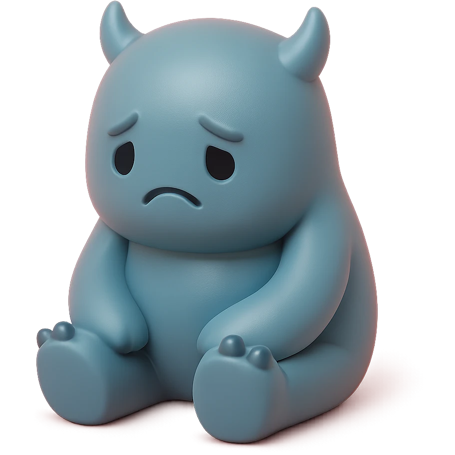 lonely monster, sitting alone with a sad expression, muted blue and grey colors, toy-like vinyl figure style emoji
