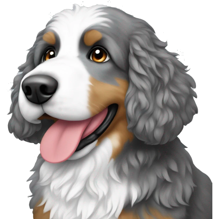 Gray and white Bernedoodle hearing a Santa hat emoji