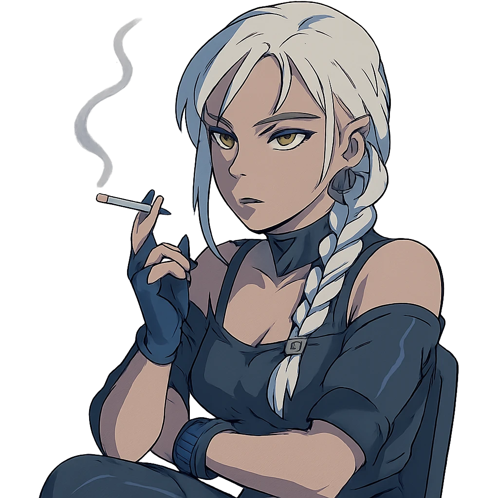  she has her arms crossed, smoking a cig, a closeup portrait of young woman with gold yellow eyes, white hair, long braid, black off-shoulder top d-cup, punk gothic style, futuristic cyberwave cyberpunk, sitting position
 emoji