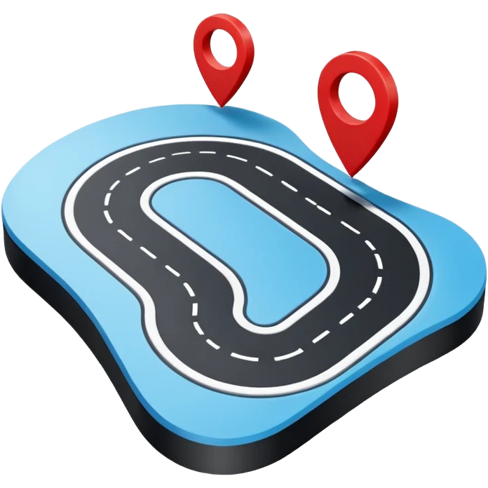 3D navigation map icon, simple curved road, location pin, smooth rounded shapes, Waze style, blue white and black colors, small red accents, clean minimal design, no background emoji