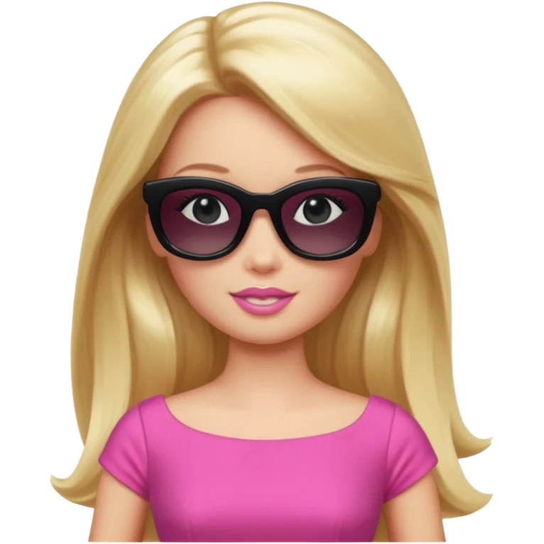 barbie with long blonde hair wear black sun glasses, pink dress emoji