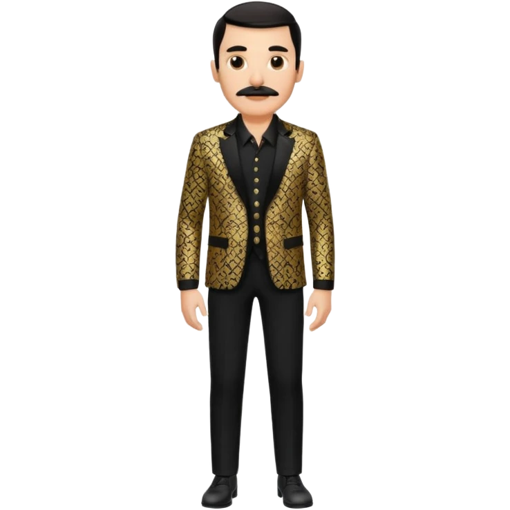 man with a mustache and slicked-back hair, dressed in a luxurious black and gold patterned jacket, black pants, and black shirt, standing with hands in pockets emoji