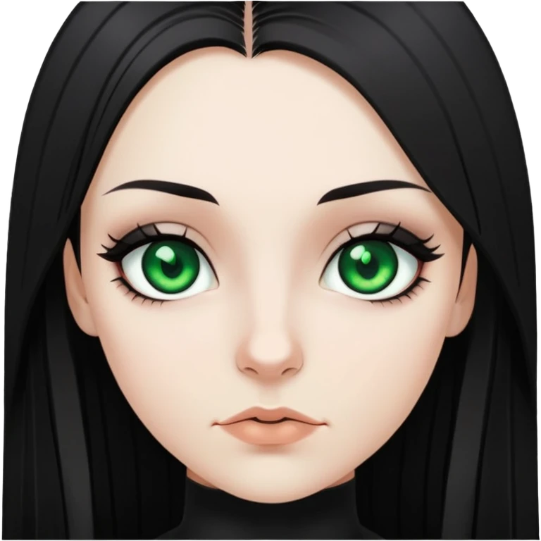 white girl, dark hair, goth style, straight hair, green eyes, without lipstick emoji