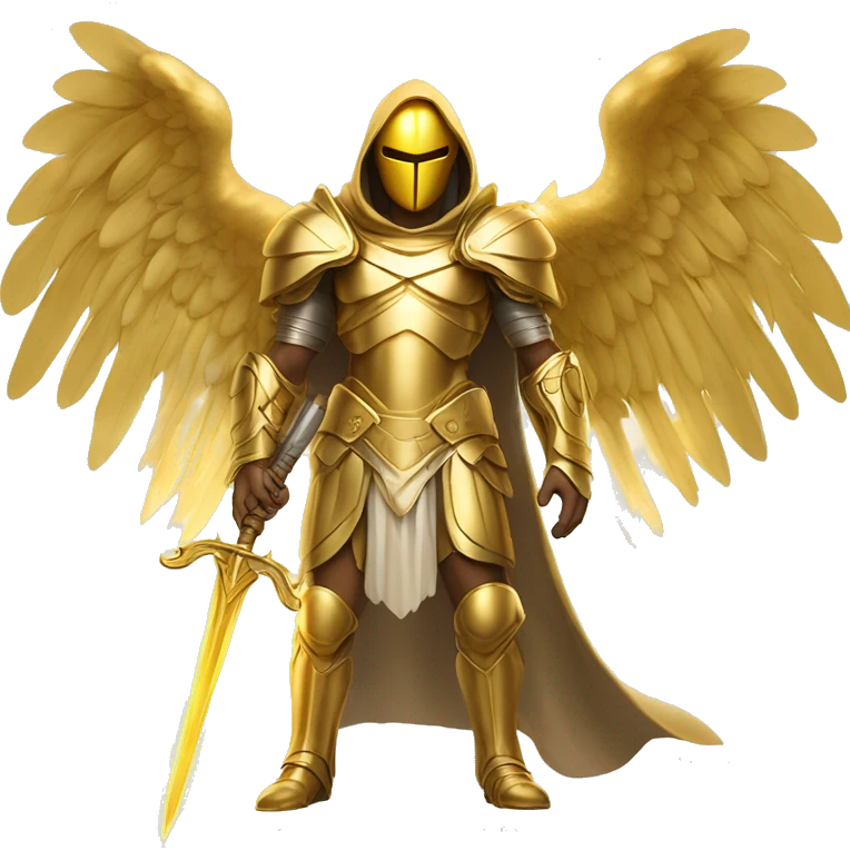 
archangel with golden wings in golden armor covering the whole body, in a golden hood, his face is not visible because of the rays of light, holding a golden sword in his hand, in full height, golden wings emoji