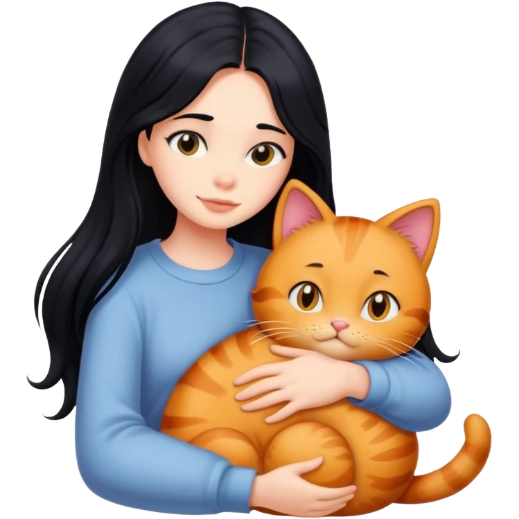 A beautiful girl with long black hair hugs a Garfield cat emoji
