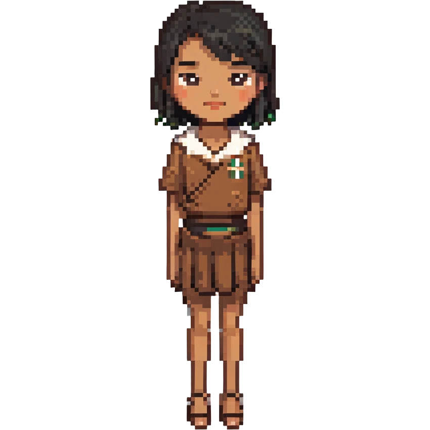 brown Samoan skinny girl with slight Chinese features, black short hair just below the shoulders, neutral expression, pixel art style emoji