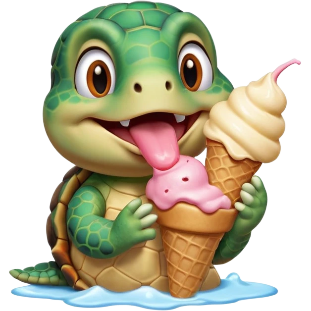 cute turtle portrait, head and shoulders only, licking an ice cream cone, funny happy expression, 3D cartoon, mobile game icon style, clean background, no text, no watermark
 emoji
