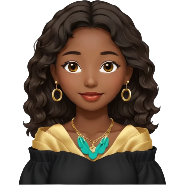 A South Korean girl with dark brown black wavy hair with middle part and layers. She is wearing a black off the shoulder long sleeve sweater, tiny gold hoop earrings and a dainty gold necklace. She is sweet and smiling with lips together emoji