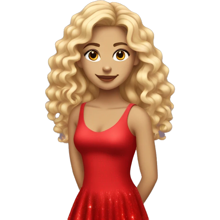 a teen that has very long curly blond with  a club dress that is red sparkle with red heels emoji