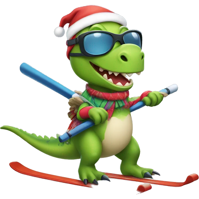 christmas dinosaur skiing while holding poles, cartoon, emoji emoji