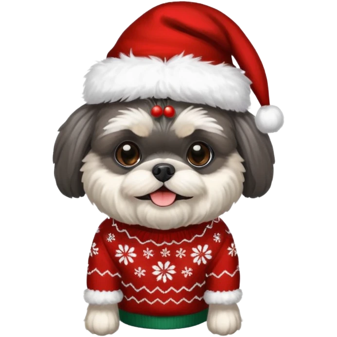 dark grey shih tzu christmas sweater and hat emoji