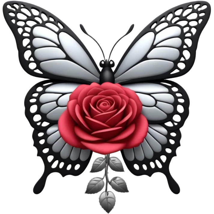 Black and silver filigree rose with a stunning butterfly, 3D, extremely detailed design emoji