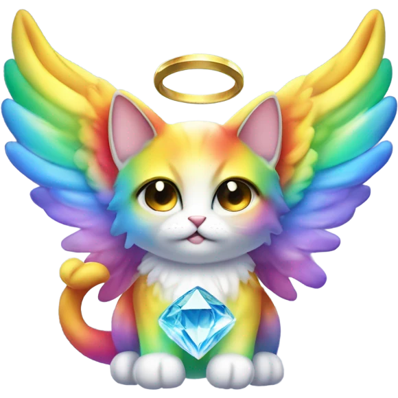 Cute Heavenly Rainbow 4d Diamond ultra Omni-Cat God with wings and a ring around its body and another ring above it’s head  emoji