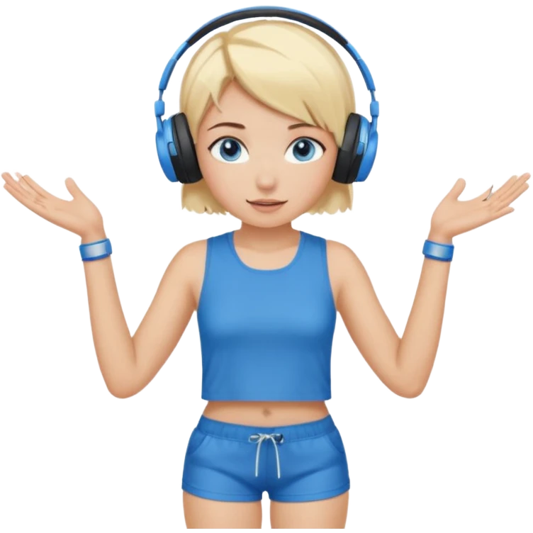 girl with blonde and middle short hair and blue eys with heands telling what, having heaphones on head, and short  emoji