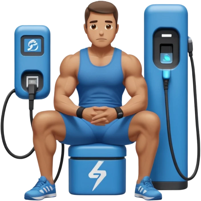A naked man with bulging muscles sits in a thoughtful pose at a Bluetti charging station. emoji