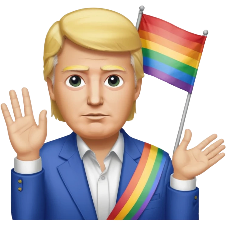 donald trump wrapped in a rainbow flag with a shirt that says “i love osama bin laden” and osama bin laden is next to him holding his hand emoji
