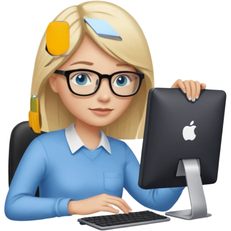 donna, occhi azzurri con occhiali, capelli medi, lisci e biondi, lavora al pc. emoji
