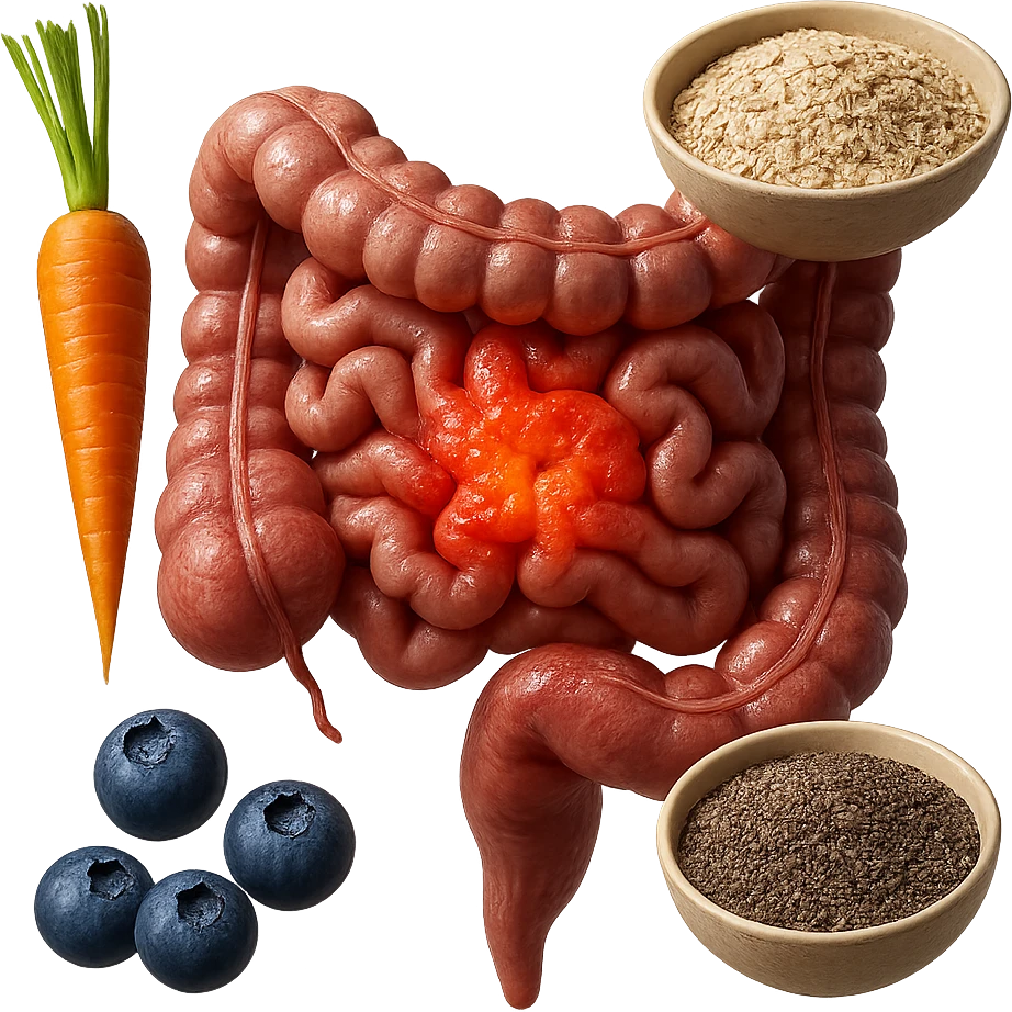 intestino umano anatomico infiammato al centro con carota, bowl di avena, mirtilli, bowl di semi di chia che gli fluttuano intorno , iperrealistico 4k emoji