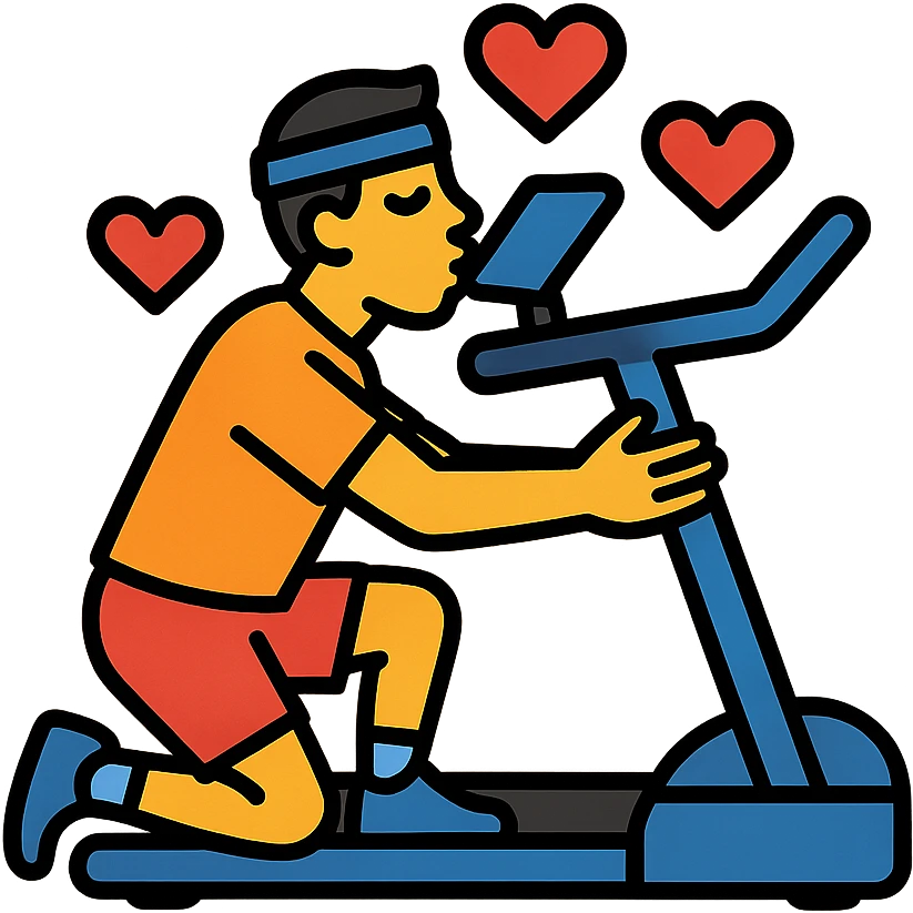 the sportsman is hugging and kissing the treadmill. They are surrounded by red hearts emoji
