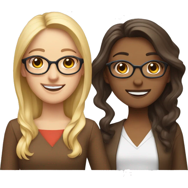 Smiling woman on the left side blonde with blue eyes and middle length straight hair and on tve right brunette with wavy hair, brown eyes and brown glasses, smiling and holding hands emoji