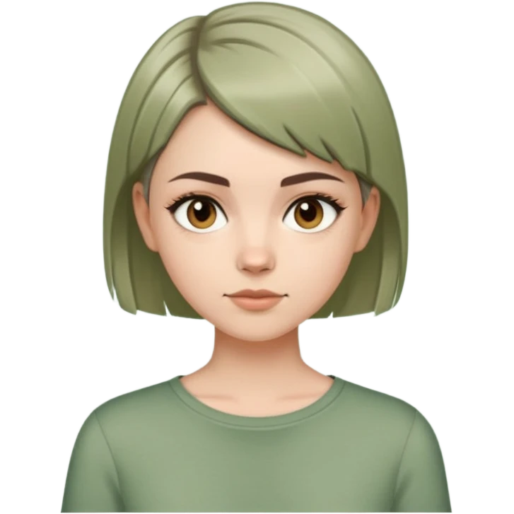 White girl with short wolfcut hairstyle, brown eyes, straight hair, wearing a sage green top emoji