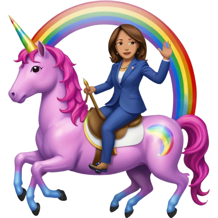 Kamala Harris and donald trump riding a rainbow unicorn emoji
