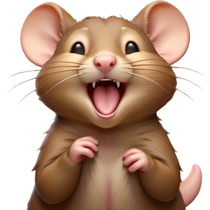 Cinematic Cute Yawning Brown Rat Portrait Emoji, Head tilted slightly with a dramatic, wide-open yawn, showcasing a soft, sleek brown coat with tiny drooping ears and half-closed eyes in drowsy contentment, Simplified yet irresistibly adorable features, highly detailed, glowing with a soft, cozy glow, high shine, relaxed yet expressive, stylized with a dash of urban charm, soft glowing outline, capturing the essence of a sleepy yet affectionate rat that seems ready to stretch out for a nap! emoji