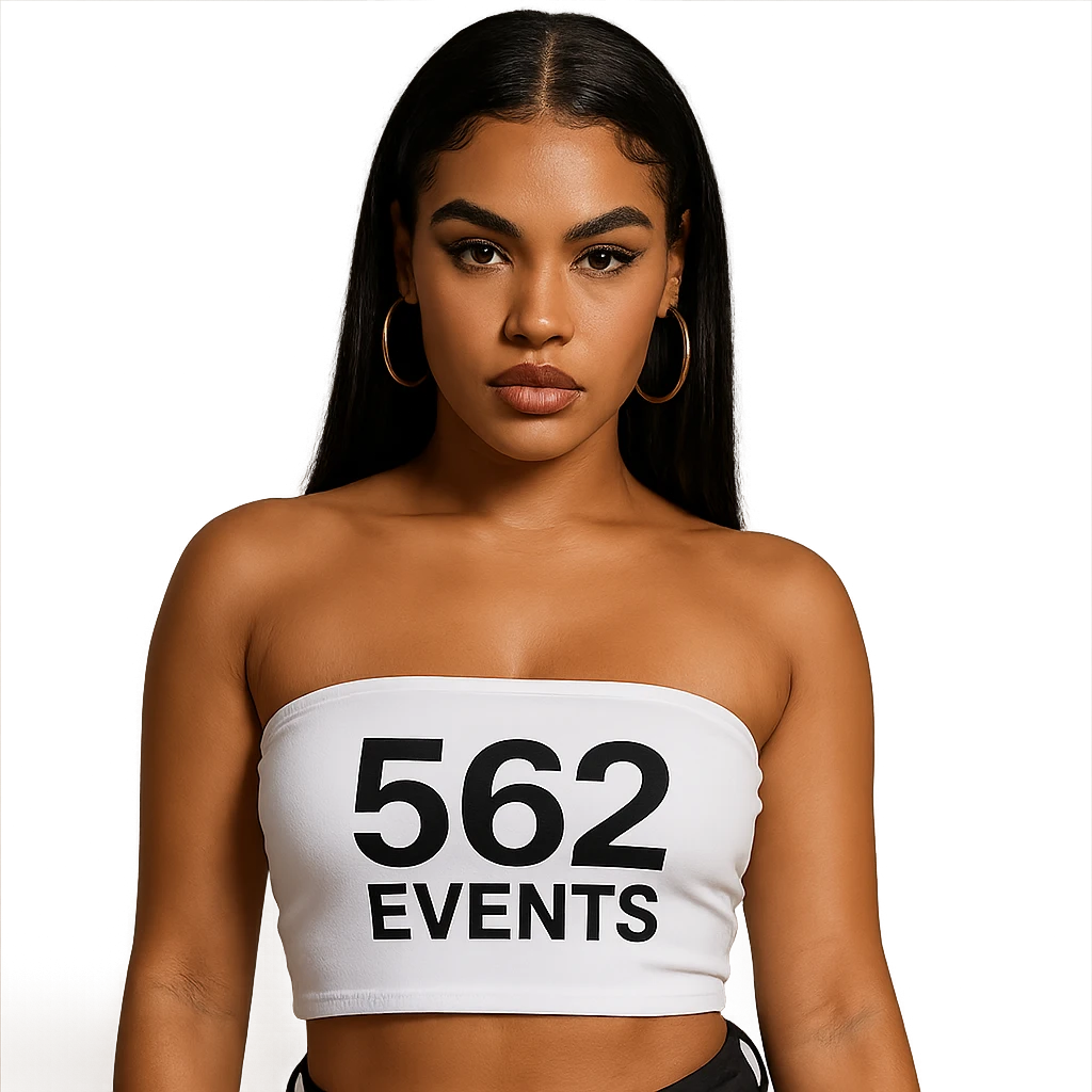 realistic baddie, mixed-race Caucasian and African American, in a white tube top with '562 Events' written on it emoji
