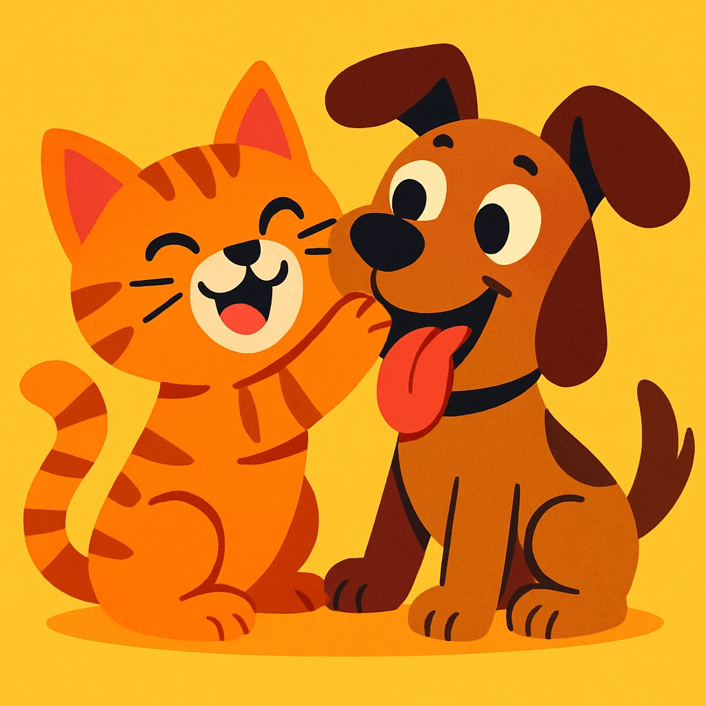 playful cat and dog together, vibrant cartoon style emoji