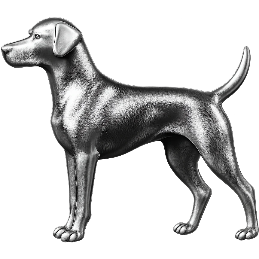               Apply a high-end, photorealistic metallic chrome material to the provided {subject}. The material should have a smooth, slightly curved surface with subtle reflections and soft shadows, resembling brushed or polished silver metal. Preserve the exact shape, proportions, and design of the original object. Set it against a solid black background (#000000) in 8K resolution. The lighting should enhance the beveled edges and reflective highlights, creating a sleek, premium finish. {subject} = dog pointing left emoji